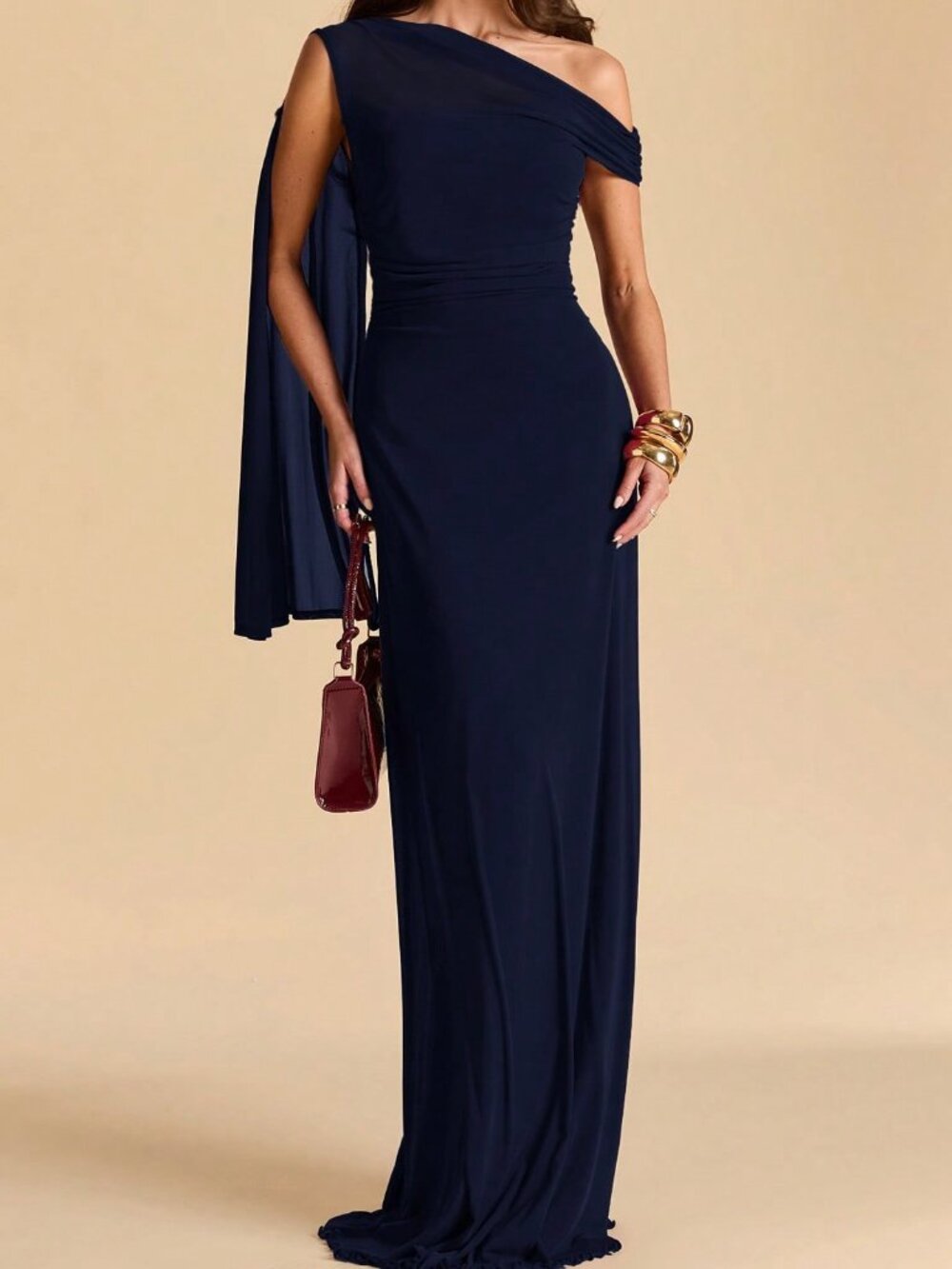 Navy Blue Elegant Women's Ruched Open Shoulder Bodycon Mermaid Dress